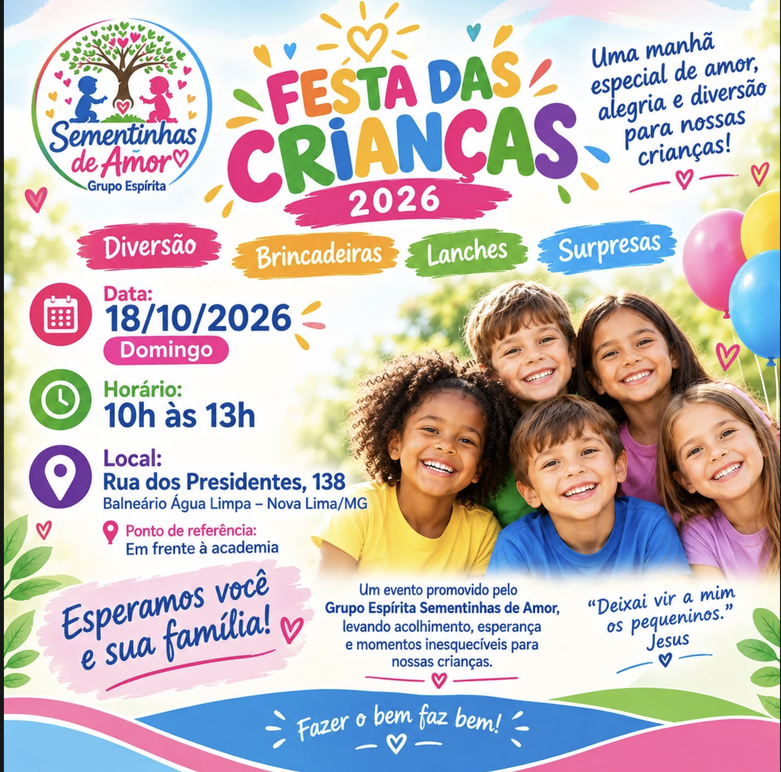 Cartaz da Festa das Crianças 2026 do Sementinhas de Amor.