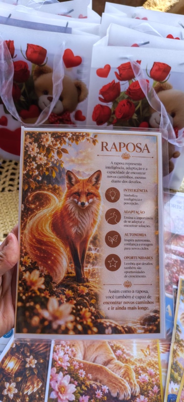Cartão da raposa com mensagens sobre inteligência, adaptação, autonomia e oportunidades.